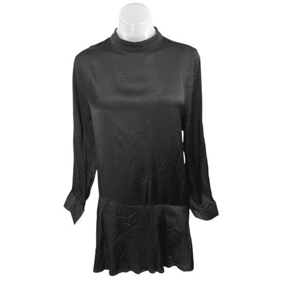 NEUW Black Silk Satin Long Sleeve Mock Neck Cutout Ruffle Mini Shift Dress Sz S - Picture 1 of 4